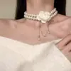 Colar Flor Camélia Francesa Brilhante com Diamantes e Pérolas Corrente de Clavícula Dupla Camada Gargantilha de Luxo