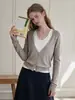 Cardigan de Tricô Estilo Coreano Old Money Gola V Falso Duas Peças Feminino Outono Preguiçoso Confortável Amigo da Pele Macio Pegajoso Sensação Relaxada 10876