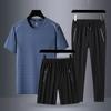 Verão Masculino Três Peças Seda Gelo Manga Curta Calças Casual Meia Idade Roupa Esportiva Camiseta Manga Curta Masculina Shorts
