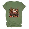 Camiseta feminina da Amazon Wish, transfronteiriça europeia e americana, de caimento solto, com estampas de bezerro de três cabeças, abóbora em carroça e folha de bordo, gola redonda, mangas curtas