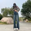 Jeans Reto Azul Retro de Cintura Alta Feminino Primavera e Outono 2024 Novo Slim Sag Loose Pernas Pequenas Largas