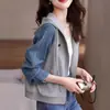 Top Casual de Textura Suave, Versátil Chaqueta de Mezclilla con Capucha para Principios de Otoño, Mezclilla con Cordón y Empalme, Nuevo Estilo para Primavera y Otoño
