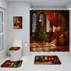 Serie de Decoración Navideña Cortina de Ducha Baño de Hotel Pintura de Decoración Navideña Cortina de Ducha Impermeable sin Perforaciones Juego de Alfombrilla de Baño