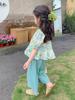 Traje Casual de Verano para Niñas Conjunto de Verano Nuevo para Niños Estiloso Top con Mangas de Burbuja Floral Pantalones de Pierna Ancha Conjunto de Dos Piezas Moderno