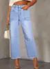 2026 Moda Feminina Mais Vendida Primavera e Outono Elegante Confortável Jeans Desfiado Calça de Perna Larga Versátil Bolso Patch Tendência
