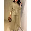 Conjunto de Camisa com Cordão na Cintura e Calça Wide Leg Cor Sólida Estilo Europeu e Americano 2026, Duas Peças Soltas e Emagrecedoras para Mulheres para Exportação