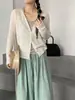 Jiang Chi "Cárdigan Helado de Verano" Suéter de punto liso estilo coreano con cuello en V para mujer, chaqueta versátil y estilizada 201