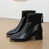 Botines metálicos de otoño e invierno 2026 estilo francés puntera cuadrada botas de moda tacón grueso botines cortos botas finas para mujer