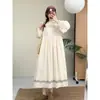 20206 Ropa de Primavera, Vestido Largo Bordado de Estilo Artístico con Mangas Largas, Cuello Peter Pan Cintura con Cordón Vestido Largo Adelgazante para Mujer