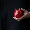 Langhong Cuenco Dorado con Tapa Set de Té Kung Fu Cerámica Imitación Cuenco de Té Dorado Hogareño Estilo Chino Rojo Cuenco de Té Principal