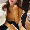 Camiseta térmica de punto negra para mujer con cuello medio alto, un top de manga larga ajustado que realza la figura para otoño e invierno, un suéter de punto