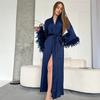 2026 Novo Estilo Europeu e Americano Camisola Solta com Retalhos de Penas Pijamas de Alta Qualidade para Mulheres Outono Roupa de Casa Feminina Transfronteiriça