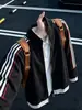 Sudadera cárdigan deportiva a rayas estilo americano para hombre, colección de otoño, diseño deconstruido de peso pesado, corte de hombro regular, chaqueta de béisbol de tres rayas