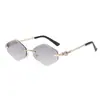 Óculos de Metal Sem Aro em Formato de Diamante com Decoração Única de Guepardo, Óculos de Sol com Borda Cortada, Óculos de Sol Retrô com Lentes Fotocromáticas
