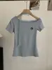 Camiseta Slimming Omalai Manga Curta Patchwork Bordado de Letras com Gola Assimétrica e Renda Estilo Coreano Primavera/Verão Top 6704