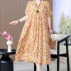 Novo Vestido de Verão Solto e Elegante para Mães Jovens com Barra Larga Saia Estampada de Comprimento Médio Tamanho Grande Manga Curta Saia de Praia