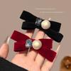 Pinza para el cabello con lazo de terciopelo de perlas de pedrería para mujer, vintage, elegante, clip de pico de pato, pinza para el cabello para flequillo lateral delantero, tocado
