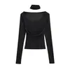 Atacado de Roupas Femininas Transfronteiriças, Camiseta Básica Manga Longa Levemente Transparente com Gola Cachecol Semelhante a Tencel, Top para Usar por Baixo com Design de Primavera