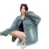 Jaqueta feminina com design lavado e desgastado, primavera/outono 2025, estilo retrô americano, moderna e cool, caimento solto, top estilo ins, azul tendência