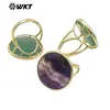 WT-R511 nuevo súper hermoso azul verde fluorita natural degradado piedra redonda chapado en oro de 18 quilates anillo ajustable para mujer