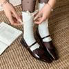 Sapatos Mary Jane de couro bovino elegantes e artísticos, couro envernizado, primavera 2025, salto baixo grosso, cabeça quadrada, couro legítimo, sapatos de um botão para mulheres