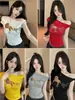 667 # Nueva Camiseta Estampada de Manga Corta con Hombro Asimétrico Estilo Americano para Mujer, Verano Ajustada Versátil Casual Top Corto