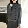 Suéter 100% lã pura para mulheres, estilo coreano, de alta qualidade, petite, cardigã de tricô com listras diagonais de botões, moda outono e inverno