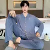 Pijama Masculino Casual de Malha Modal com Lapela para Primavera e Outono, Cardigã Longo, Tamanho Plus Size, Roupa de Casa para Homens