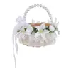 Cesta de Flores de Casamento Renda com Cabo de Pérola Estilo Europeu Cesta para Jogo de Flores da Daminha Cesta de Mão de Rattan com Renda Estilo Princesa