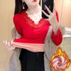 Blusas Quentes para Mulheres no Outono e Inverno, Renda Aveludada e Espessa com Decote V Roupas de Outono, Camisetas Básicas Justas, Tops para Usar por Cima