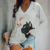 Al por mayor transfronterizo una pieza top estampado de gato camiseta de mujer linda manga larga gato artístico capa base personalizada al por mayor