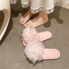 Chinelos de Malha Peludos Doces Coreanos para Mulheres no Outono e Inverno, Chinelos de Algodão Leves e Confortáveis com Solado Plano para Meninas, Chinelos de Pelúcia para Casa