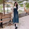 Vestido de alça jeans estilo retrô plus size para mulheres plus size, design de verão com senso de estilo, saia midi solta cor ferrugem