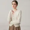 Cardigan de Tricô de Caxemira Feminino, Novo Estilo Outono/Inverno, Apliques de Flor de Pérola Feitos à Mão, Gola Redonda, Suéter Casaco Estiloso