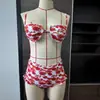 2026 Nuevo Bikini de Dos Piezas con Estampado Estilo Europeo y Americano de Cintura Alta para Mujer, Bikini Sexy de Encaje con Aros y Chifón