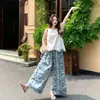 Verão 2026 Novidades Moda Casual Redutor de Idade Emagrecedor Barra Desfiada Regata Estampa Retrô Calça Wide Leg Conjunto de Duas Peças