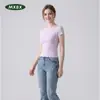 Camiseta de Manga Corta Ajustada de Color Sólido para Mujer, Cuello Redondo, Adelgazante, Estilo Chica Picante Americana, Capa Base Deportiva Casual