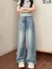 Jeans rectos de color claro para mujer, nuevo estilo de otoño, de cintura alta, corte holgado, adelgazantes para cuerpo tipo pera, pantalones de pierna ancha talla grande para mujeres talla grande