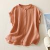 Foto Real de Camisa Curta Simples e Versátil Não Transparente com Bordas Franzidas para Figuras Petites, Elegante Blusa de Manga Curta de Botão Único