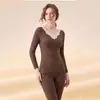 Roupa íntima quente estação outono e inverno de-rong outono top e calças de outono conjunto feminino camada base de aquecimento escovada roupa íntima sem costura roupa quente