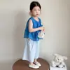 Conjunto de Verano para Niña 2026 Nuevo Verano Infantil Azul Klein Lazo Pantalones Rayados para Bebé Conjunto de Dos Piezas