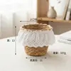 Cesta tejida de florero de hierba, cesta de almacenamiento tejida con borde de encaje, juego de macetas de escritorio, cesta decorativa - venta al por mayor del fabricante