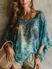 2026 Top Casual Feminino Estilo Boêmio Vintage Estampado de Leopardo Manga Morcego Solto Semi-Transparente Chiffon Gola Redonda