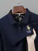 Estação de primavera e outono, camisa polo masculina de seda e algodão, disponível em várias cores sólidas, corte solto, efeito emagrecedor, adequada para negócios e deslocamento, manga longa