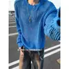Suéter de punto hueco azul para hombre y mujer, nuevo estilo primavera y otoño, ajuste holgado casual, cuello redondo, suéter fino protector solar
