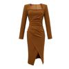 Vestido Amarillo para Mujer 2026 Primavera Nuevo Estilo Manga Larga Elegante Adelgazante Estilo Hepburn Cuello Cuadrado Vestido Largo 30005