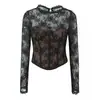 7766-Estilo Deseo Puro Sexy Transparente Base de Camisa de Encaje de Ganchillo con Ajuste en la Cintura, Nuevo Moda Ajustado Top Corto