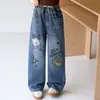 Pantalones para Niña Otoño Nuevo Estilo Jeans 2026 Ropa de Abrigo para Niños de Principios de Otoño Niños Grandes Pantalones de Mezclilla de Pierna Ancha con Estampado de Dibujos Animados