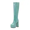 Botas Elásticas Ajustadas de Chica Popular Europea y Americana para Mujer en Otoño e Invierno Nuevo Tacón Grueso Tacón Súper Alto Ajustadas Impermeables Plataforma Bota de Jinete a Media Pantorrilla
