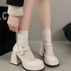 Fundo grosso com saia redonda cabeça Joker pequeno sapatos de couro branco pequeno salto grosso Mary Jane salto alto feminino 2024 novo